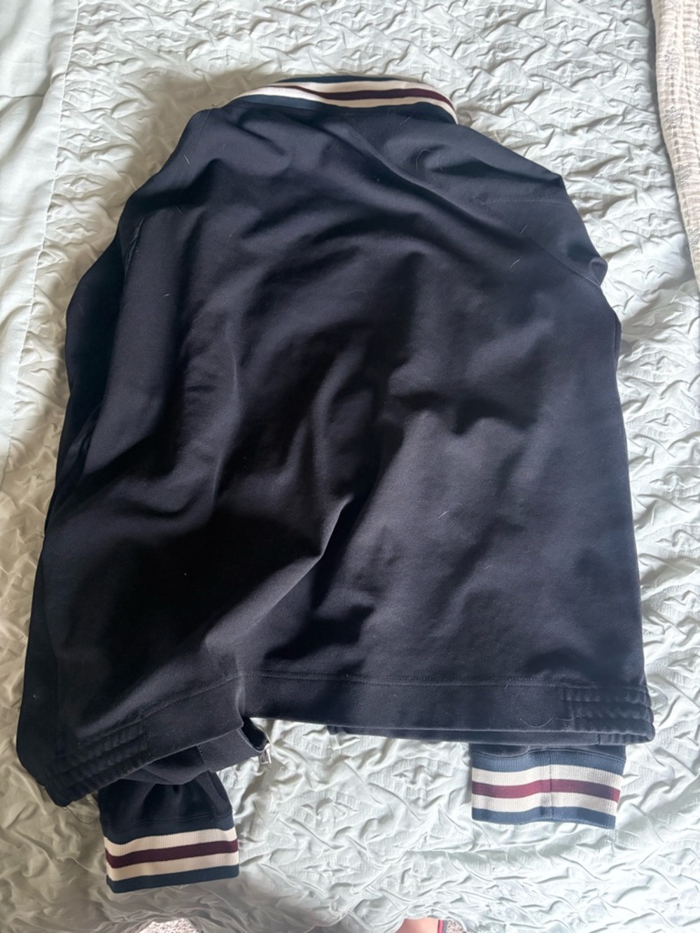 Prada Black Bomber Jacket with Burgundy and White Striped Trim - Picture 2 of 4
